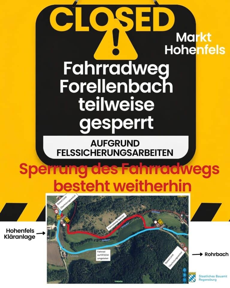Fahrradweg Forellenbach teilweise gesperrt, Sperrung des Fahrradwegs besteht weiterhin, mit Lageplan der Umleitung